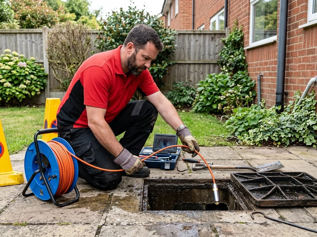 Pinner Plumbers 247 engineer using a CCTV drain camera to inspect a blocked drain in Pinner