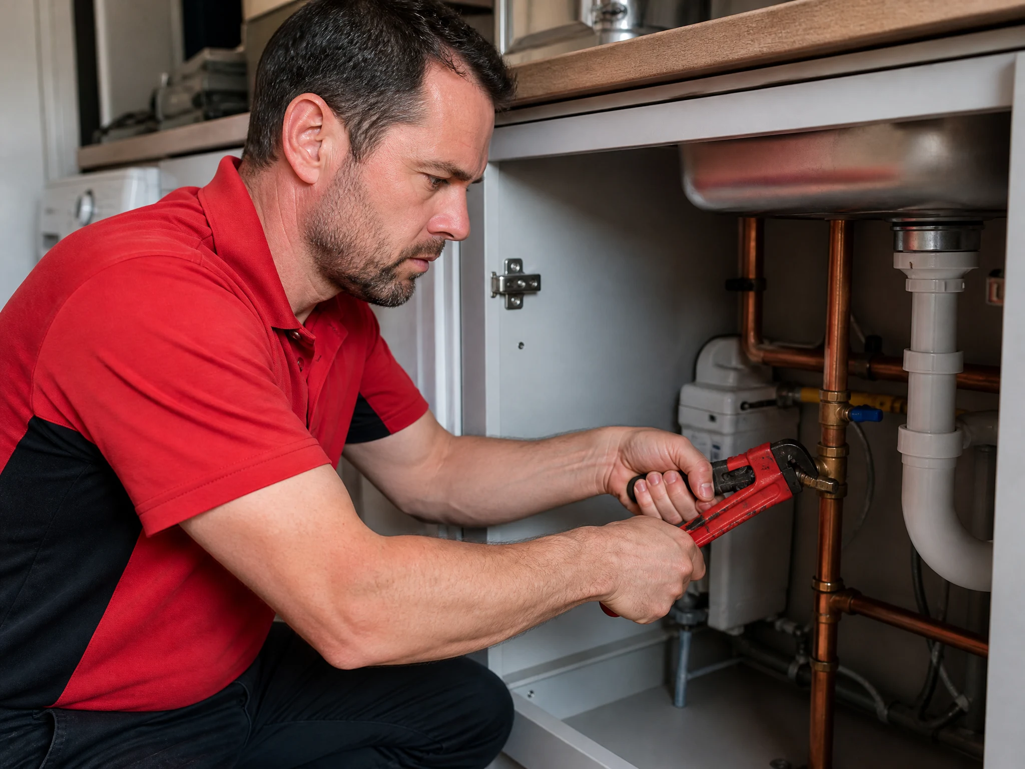 Pinner Plumbers 247 engineer tightening a stopcock under a sink during an emergency plumbing repair in Pinner